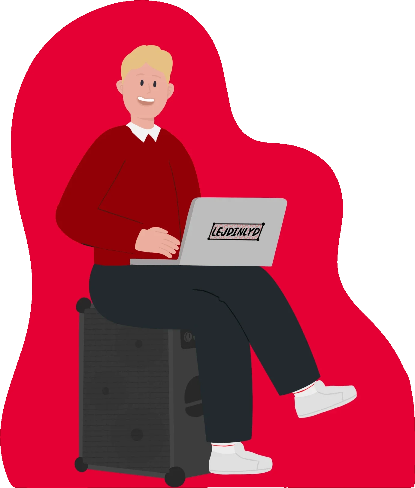 Illustration af en Lejdinlyd-medarbejder siddende på en Soundboks med en bærbar computer